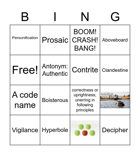 Hon Hum Vocab Bingo Card