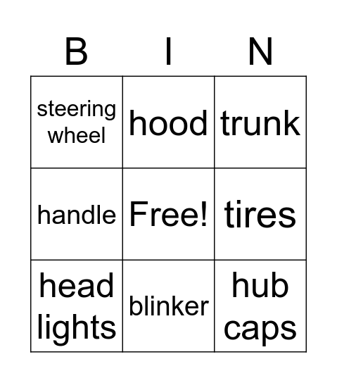 Car PArts Bingo Card