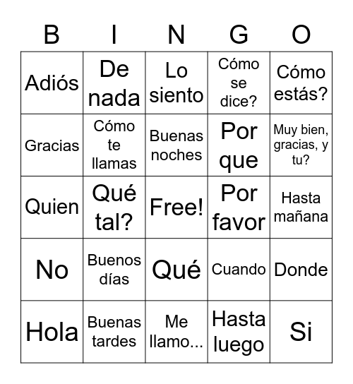 Basic Words and Phrases Bingo Card