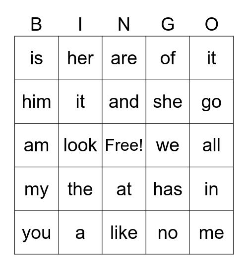 Sight Word BINGO Card