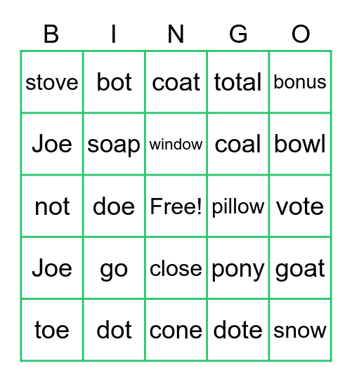 Long and Short O Vowel Sound Bingo Card
