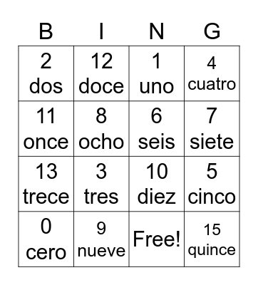 Numeros del 0 al 15 Bingo Card
