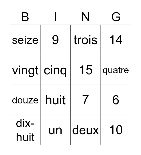 French numbers 1-20 Bingo Card