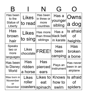 Getting to Know You Bingo Card