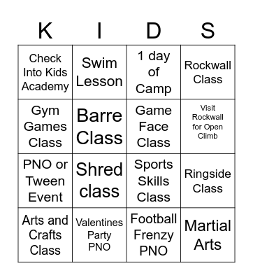 Kids 30 Day Challenge Bingo Card