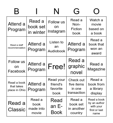 Winter Reading Program Bingo Card