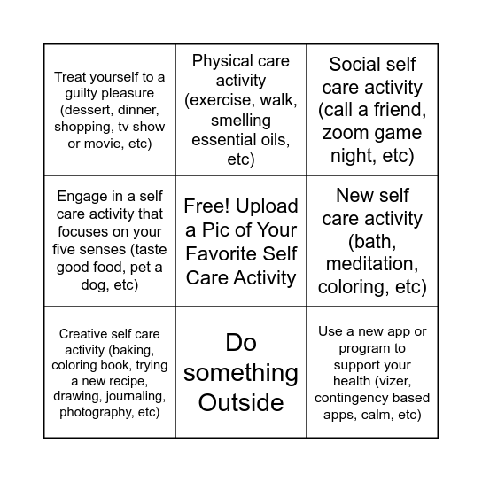 Certificant Self Care Tracking Bingo Card