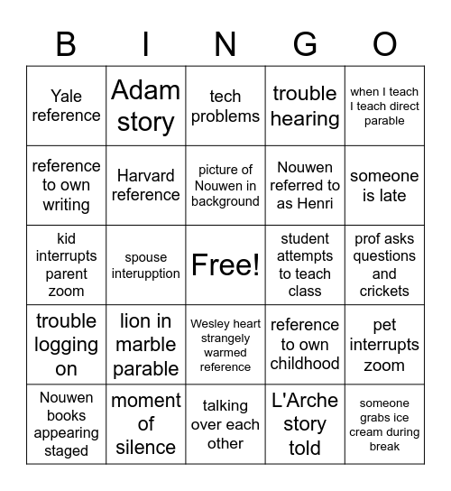 Nouwen Bingo Card