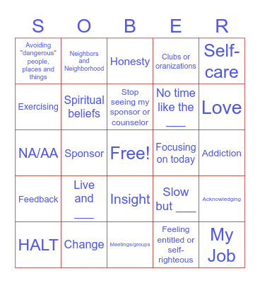 Recovery Bingo Card