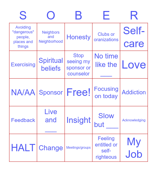 Recovery Bingo Card