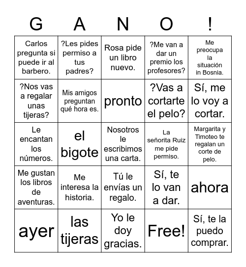 Spanish 2 Chapter 3 - 2 Bingo Card