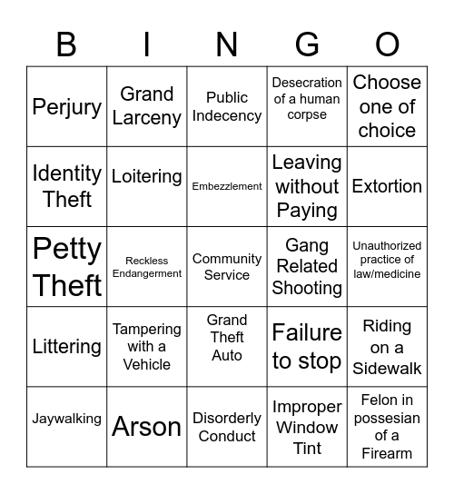 Penal Code Bingo Card Bingo Card