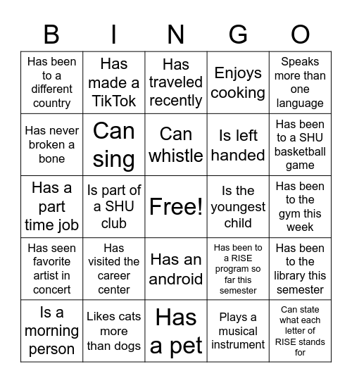 RISE Social Mixer Bingo Card