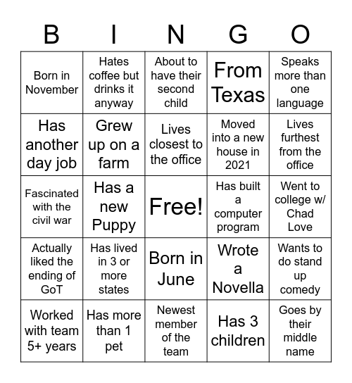 Layden Team Bingo Card