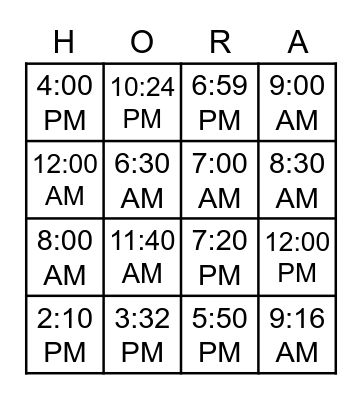 La Hora (Time in Spanish) Bingo Card
