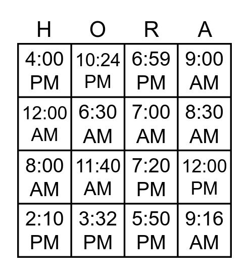 La Hora (Time in Spanish) Bingo Card