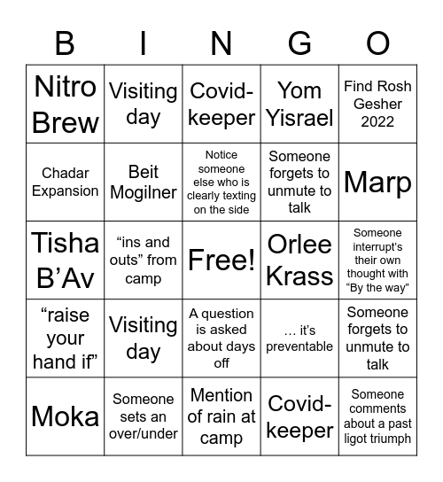 Tzevet 2022 Zoom Bingo Card