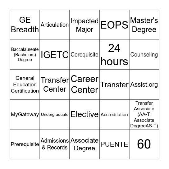 Fullerton College BINGO Card