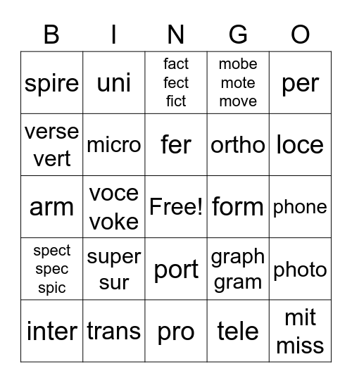 1st Block Morphology Bingo Card