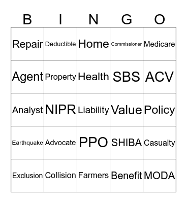 Insurance BINGO Card