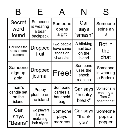 Bean King Bingo Card