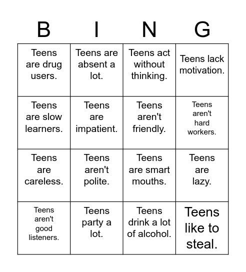 Teen Stereotype Bingo Card