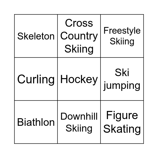 Winter Olympics Sports Bingo Card