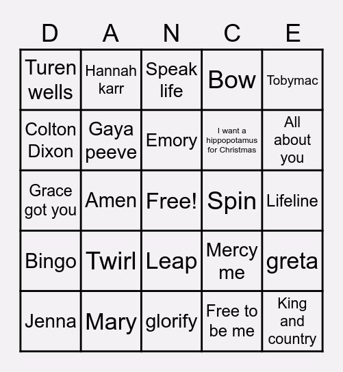 Dance Bingo Card