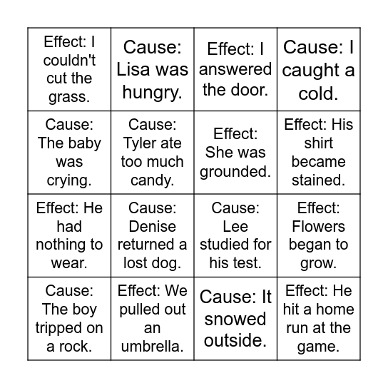Cause and Effect BINGO Card