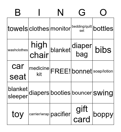 Baby Shower Bingo Card