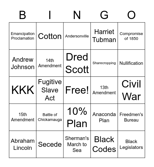 Civil War & Reconstruction Era Bingo Card