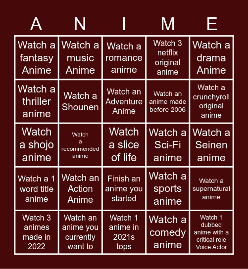 Anime Bingo Card