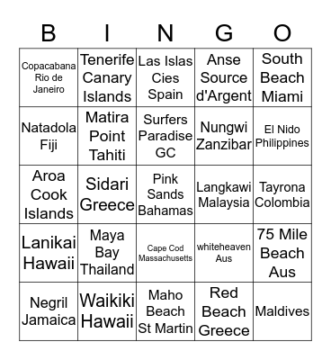 Top 25 Beaches Bingo Card