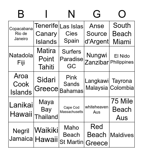 Top 25 Beaches Bingo Card