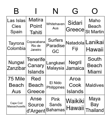 Top 25 Beachs Bingo Card