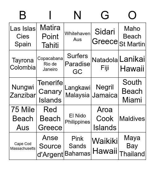 Top 25 Beachs Bingo Card