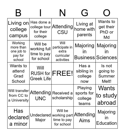 LAEF: College Bingo Card