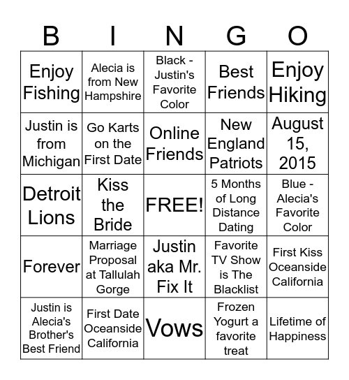 Alecia & Justin Bingo Card