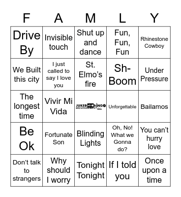 JukeBox Bingo Famliy Bingo Card