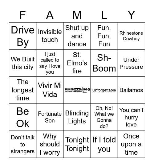 JukeBox Bingo Famliy Bingo Card