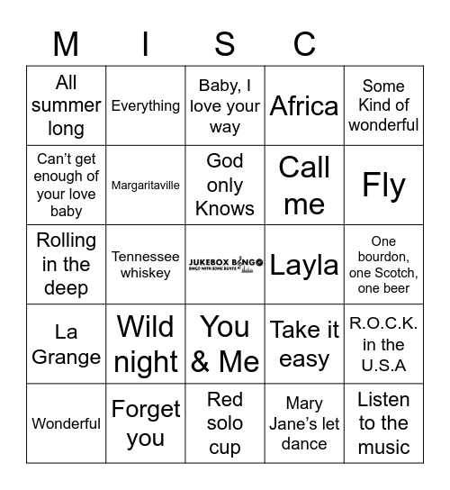 JukeBox Bingo MISC Bingo Card