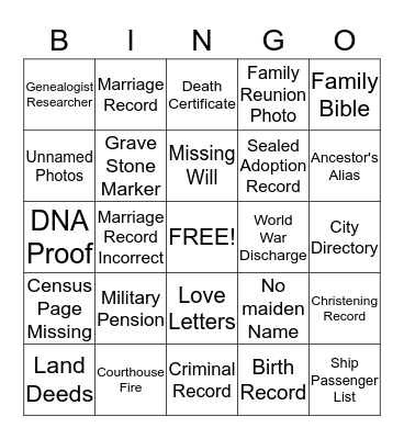 Genealogy Bingo Card