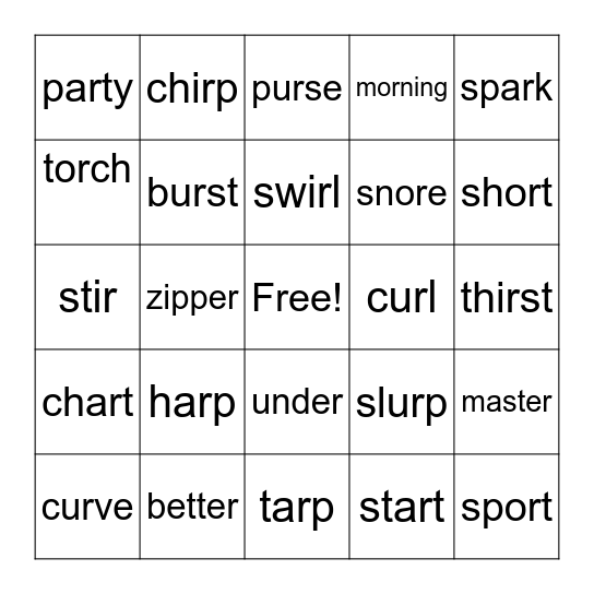 R-Controlled Words Bingo Card