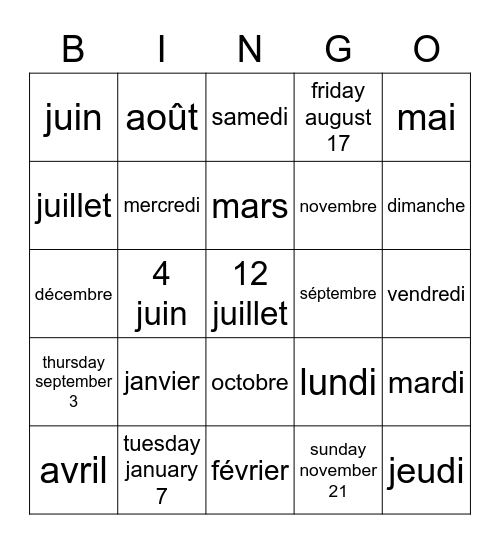 la date Bingo Card