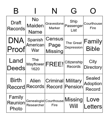 Genealogy Bingo Card