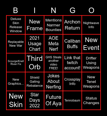 January 2022 Warframe Dev-Stream Bingo Card