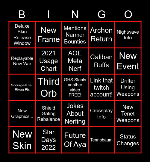 January 2022 Warframe Dev-Stream Bingo Card