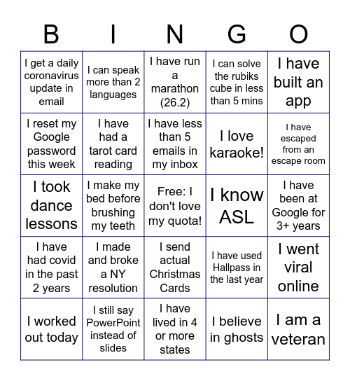 Getting to know you! Bingo Card