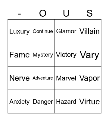 Suffix BINGO Card