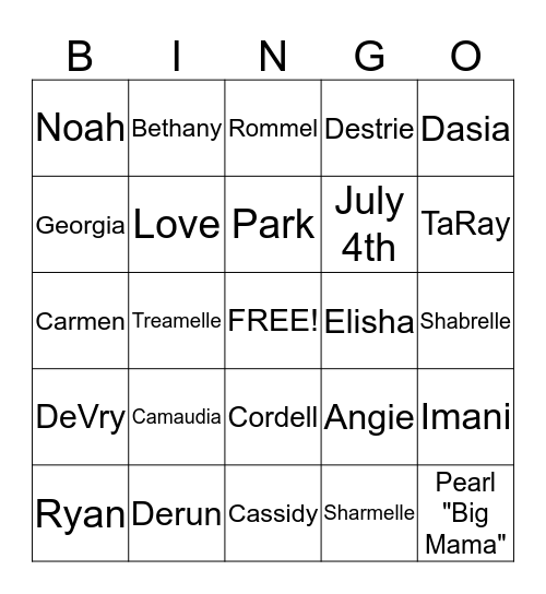 HOLMES-MANNINGS FAMILY REUNION 2015 Bingo Card